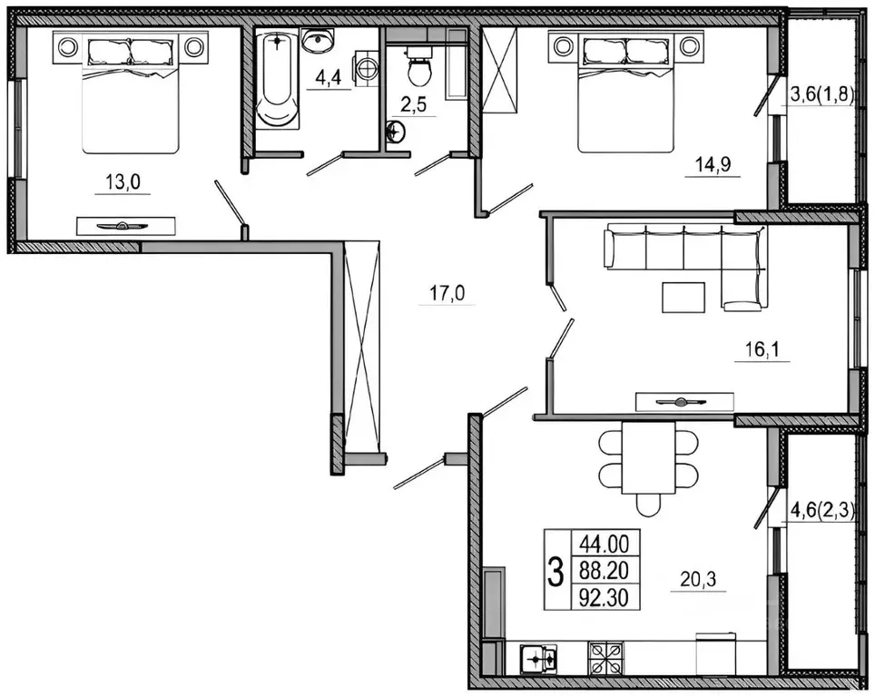 3-к кв. Краснодарский край, Новороссийск ул. Куникова, 55к2 (90.9 м) - Фото 1