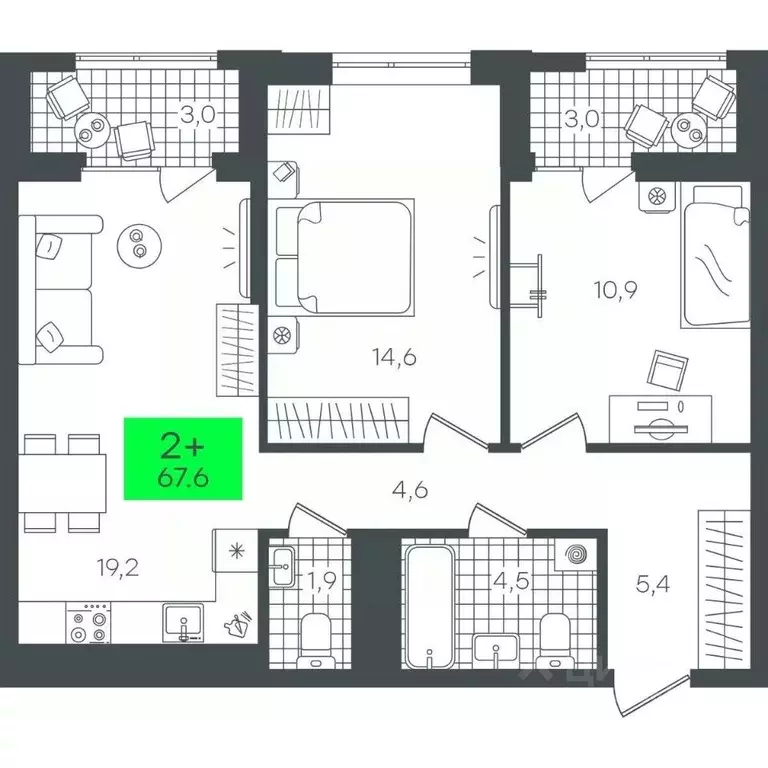 2-к кв. Тюменская область, Тюмень ул. Николая Глебова, 10 (67.6 м) - Фото 0