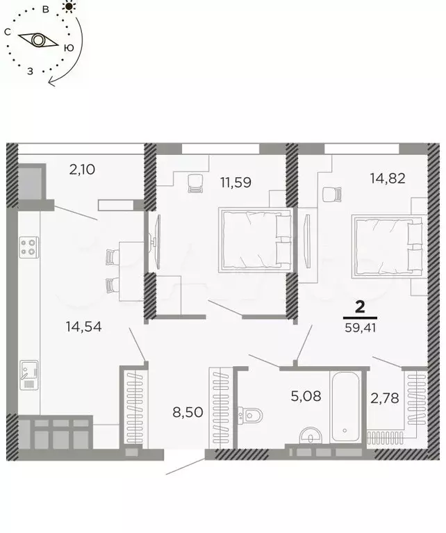 2-к. квартира, 59,4 м, 16/24 эт. - Фото 0