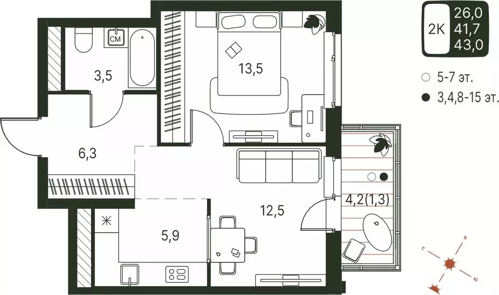 2-комнатная квартира: Пермь, микрорайон Ива, ЖК Погода (43 м) - Фото 1