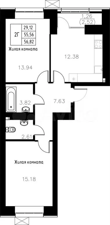 2-к. квартира, 56,8 м, 2/15 эт. - Фото 0