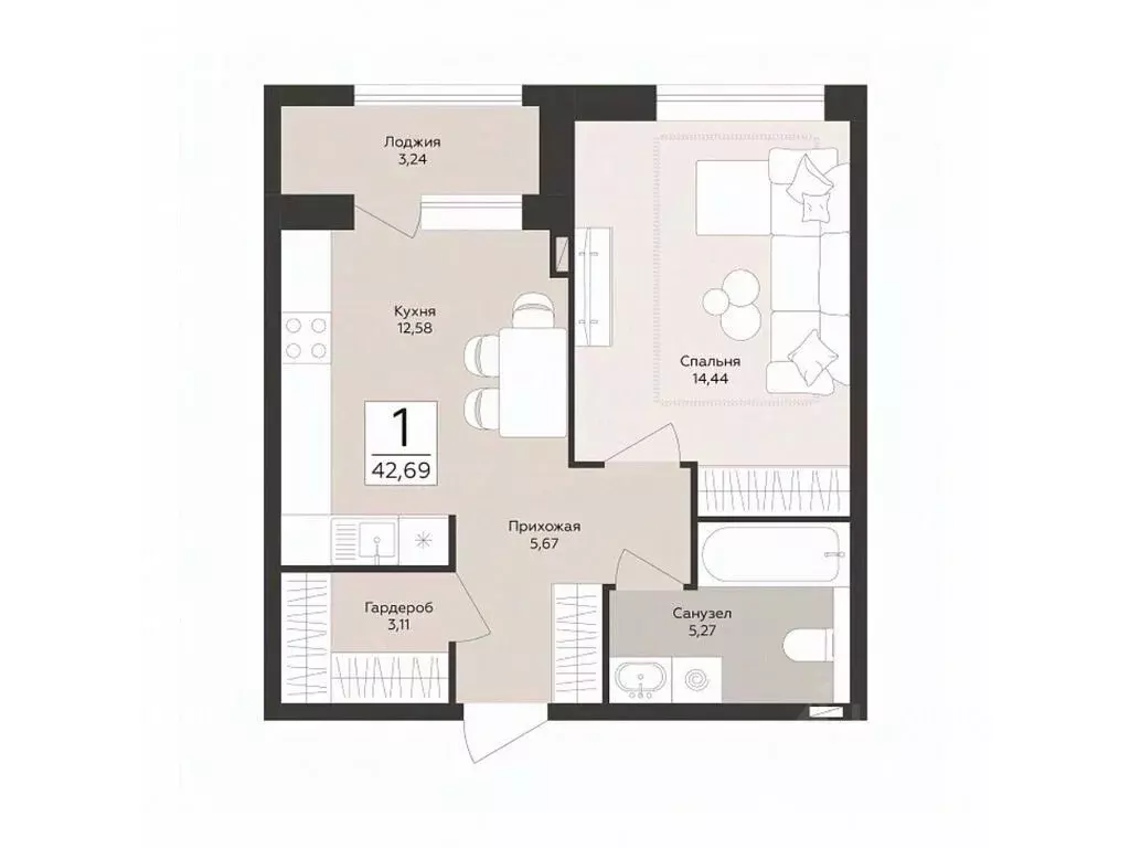 1-к кв. Воронежская область, Воронеж Эклипс жилой комплекс (42.69 м) - Фото 1