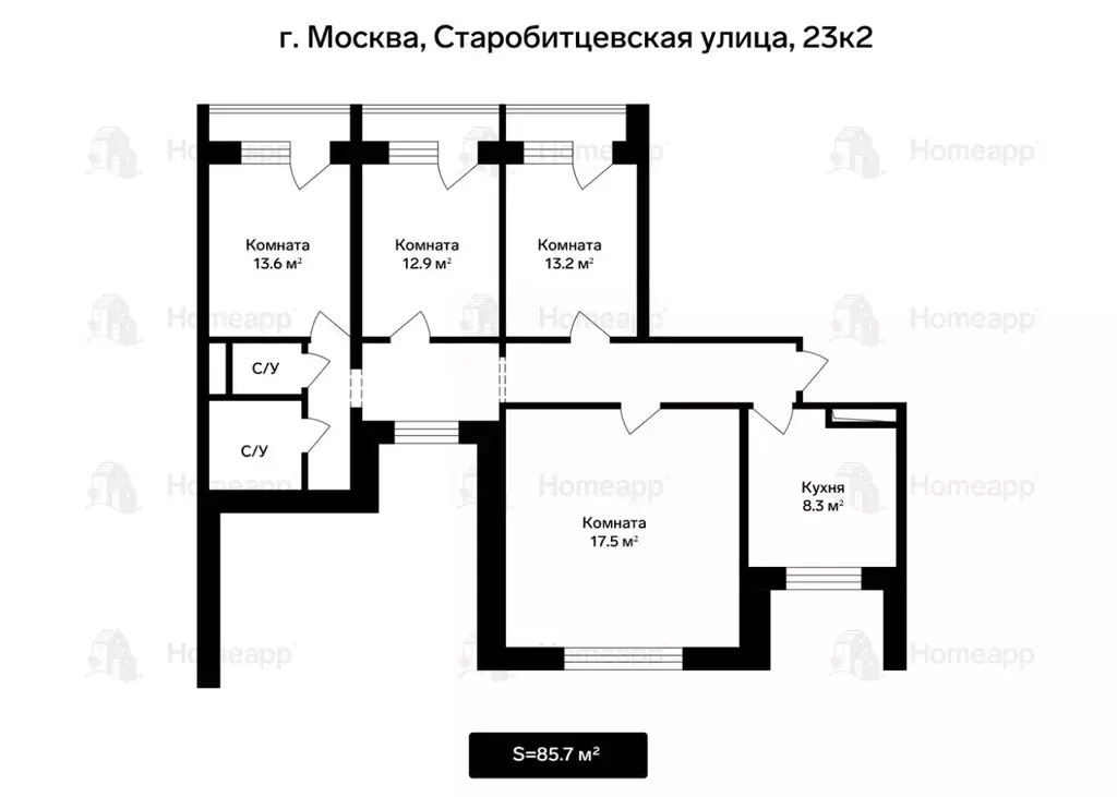 4-к кв. Москва Старобитцевская ул., 23К2 (85.7 м) - Фото 2
