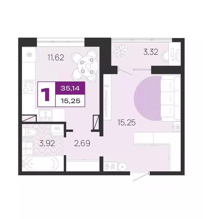 1-к кв. Брянская область, Брянск Медовый кв-л, поз8 (35.14 м) - Фото 1