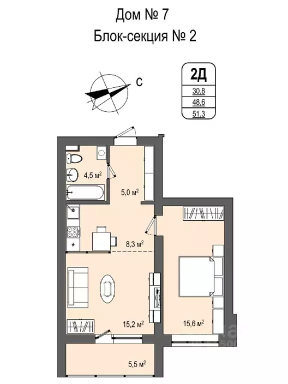 2-к кв. Кемеровская область, Кемерово Космическая ул., 2Б (51.2 м) - Фото 0