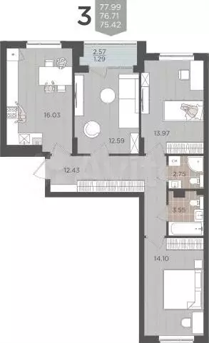 3-к. квартира, 76,7 м, 1/9 эт. - Фото 1