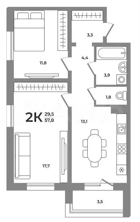 2-к. квартира, 57,5 м, 3/17 эт. - Фото 0