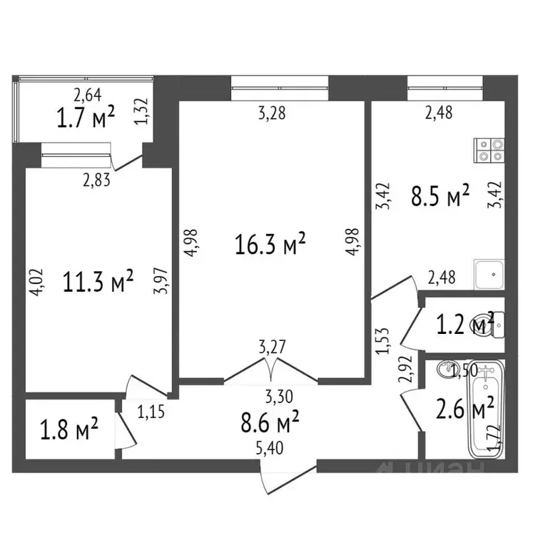 2-к кв. Татарстан, Казань ул. Гарифьянова, 8 (53.4 м) - Фото 1