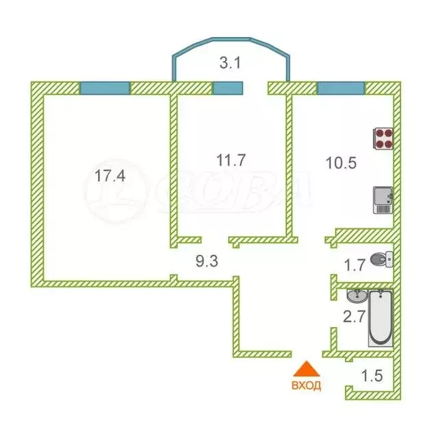 2-комнатная квартира: Тюмень, улица Героев Космоса, 13 (53.3 м) - Фото 1