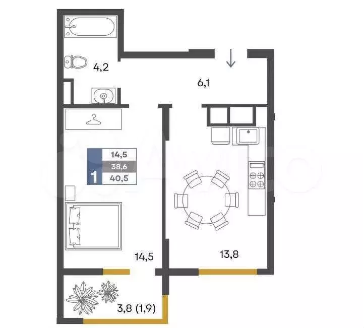 1-к. квартира, 40,5 м, 2/4 эт. - Фото 1