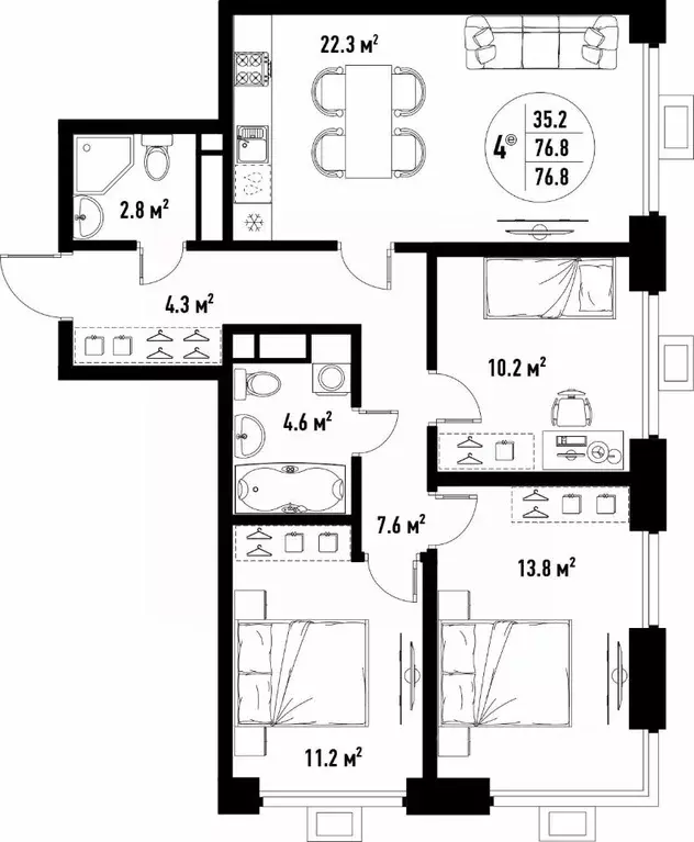 4-к кв. Астраханская область, Астрахань ул. Бэра, 29 (76.8 м) - Фото 2
