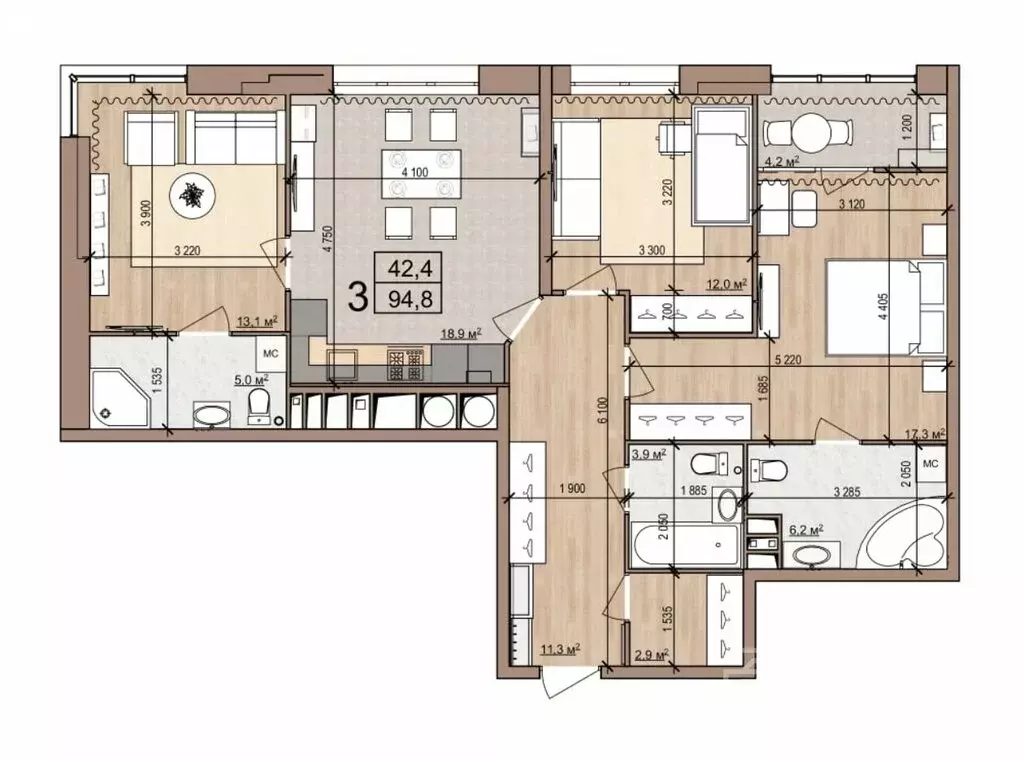 3-комнатная квартира: Рязань, Московское шоссе, 31Б (95 м) - Фото 1