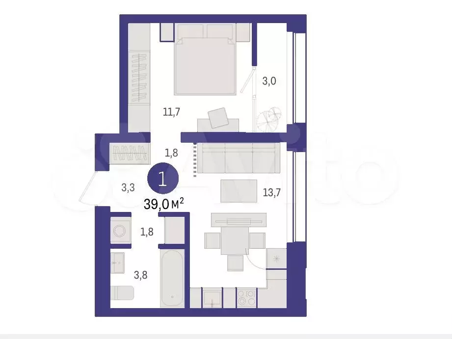 1-к. квартира, 39 м, 7/9 эт. - Фото 1