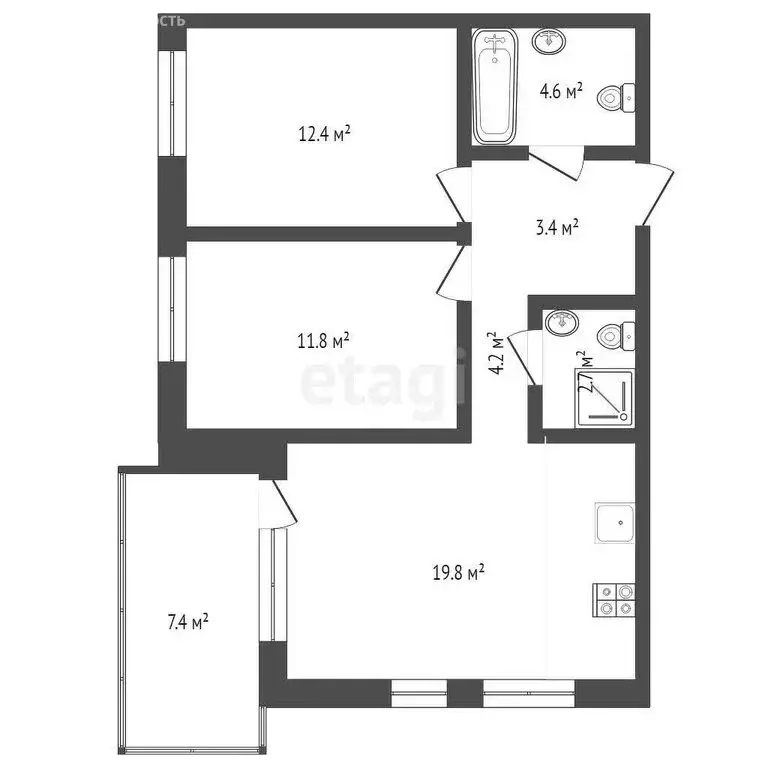 2-комнатная квартира: Тюмень, улица Николая Глебова, 3 (59.2 м) - Фото 1
