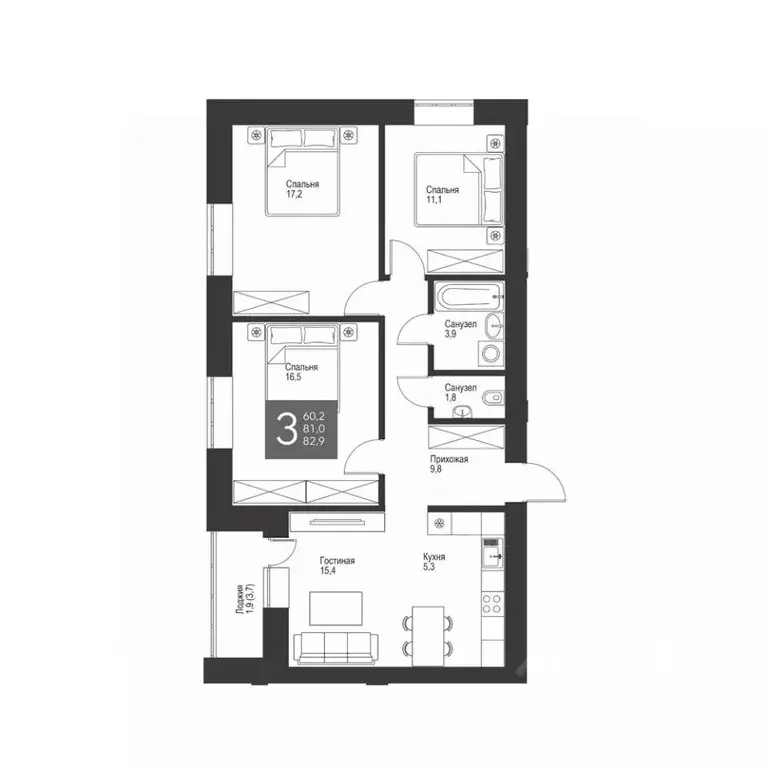 3-к кв. Татарстан, Альметьевск ул. Гафиатуллина, 60 (82.9 м) - Фото 0