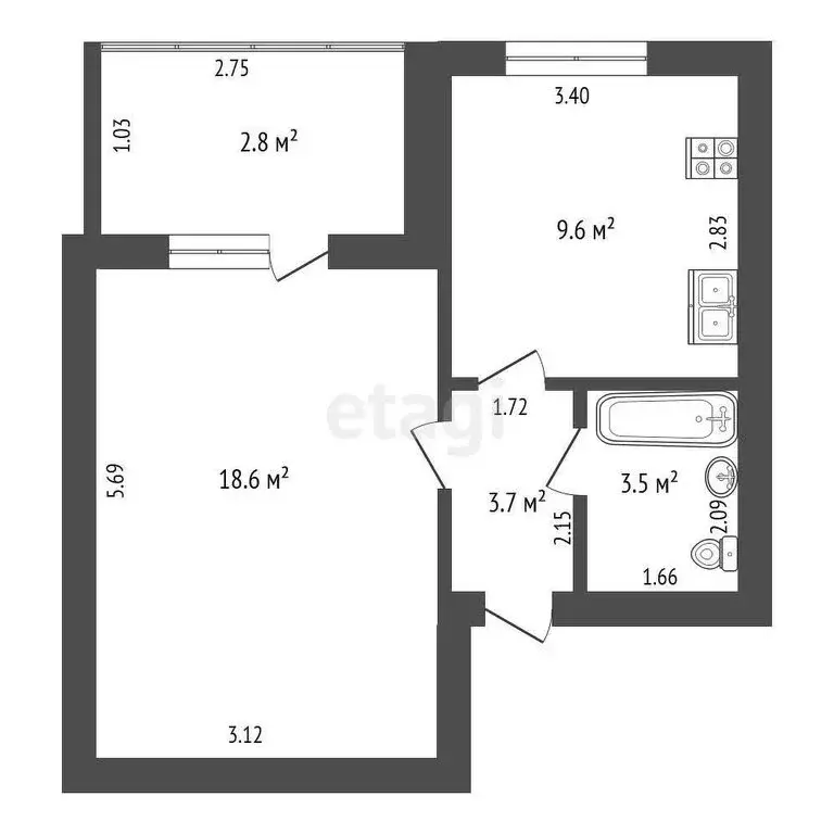1-комнатная квартира: Бирск, улица Гагарина, 87А (35.4 м) - Фото 0