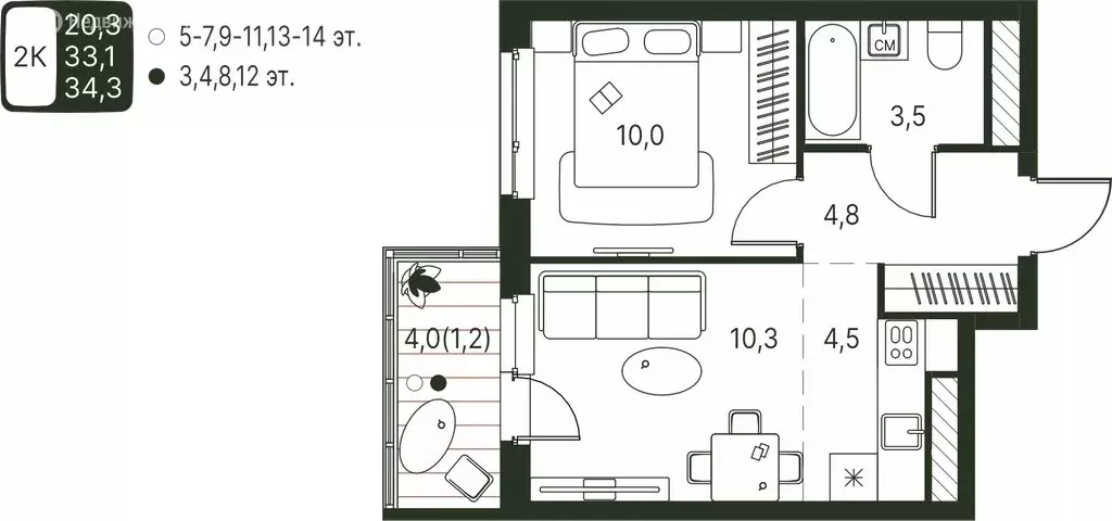 2-комнатная квартира: Пермь, микрорайон Ива, ЖК Погода (34.3 м) - Фото 1