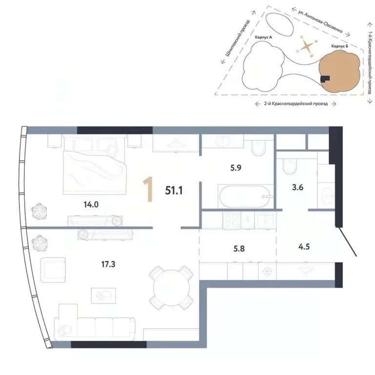 1-к кв. Москва Камушки мкр,  (51.1 м) - Фото 1