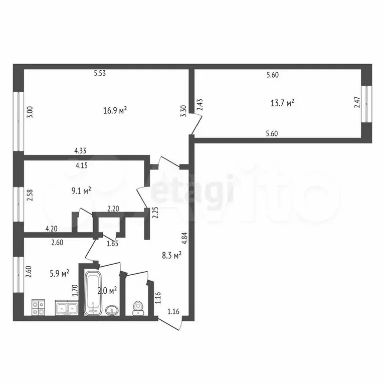 3-к. квартира, 57,7 м, 1/5 эт. - Фото 0