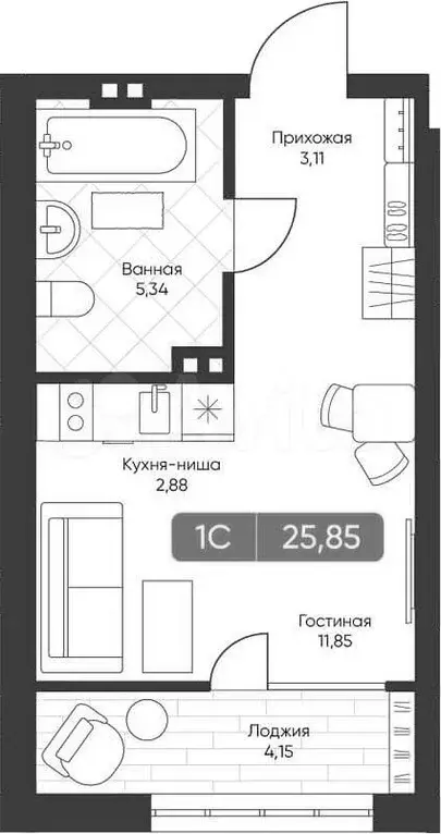 Квартира-студия, 25,9 м, 6/22 эт. - Фото 0