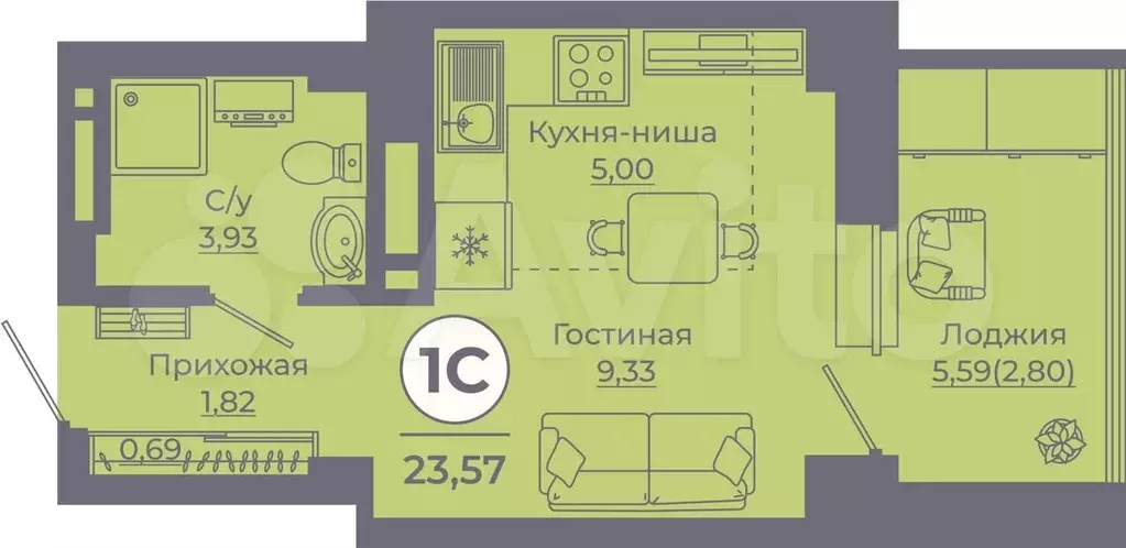 Квартира-студия, 23,9 м, 2/24 эт. - Фото 0