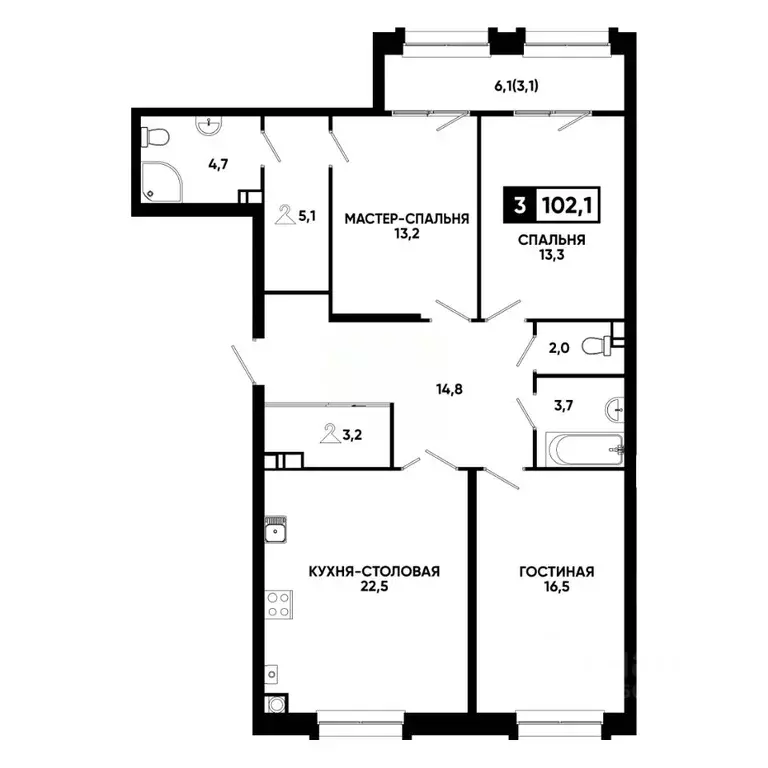 2-к кв. Ставропольский край, Кисловодск ул. Катыхина, 185с2 (102.1 м) - Фото 1