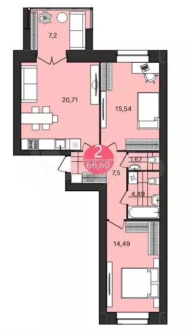 2-к. квартира, 66,6 м, 3/4 эт. - Фото 1