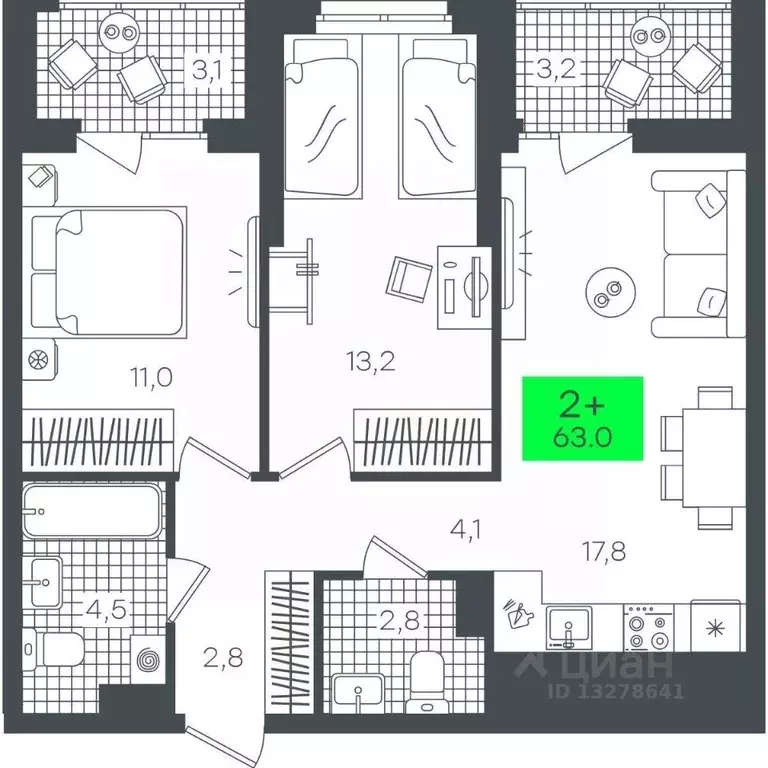 2-к кв. Тюменская область, Тюмень ул. Василия Малкова, 19 (63.07 м) - Фото 0