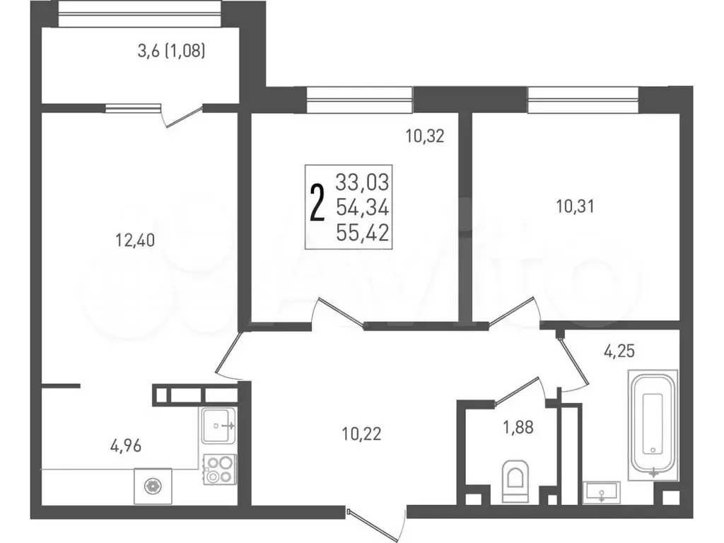 2-к. квартира, 55,4 м, 9/9 эт. - Фото 0