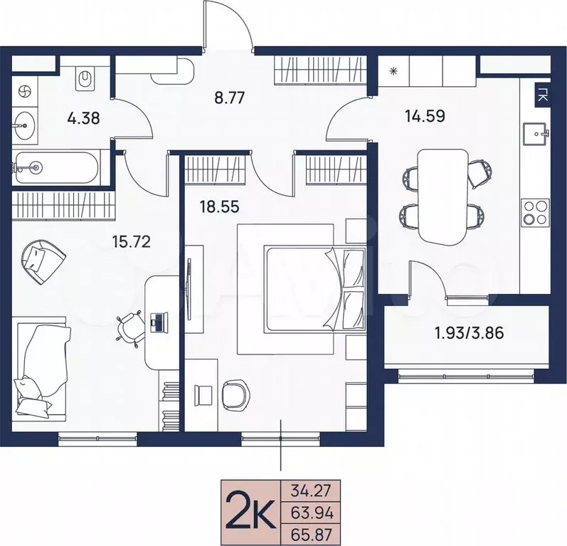 2-к. квартира, 65,9 м, 2/4 эт. - Фото 0