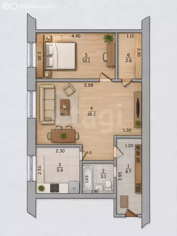 2-комнатная квартира: Казань, улица Космонавтов, 1 (44.6 м) - Фото 2