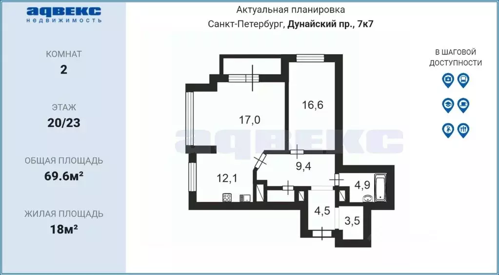 2-к кв. Санкт-Петербург Дунайский просп., 7к7 (69.6 м) - Фото 2