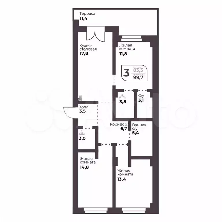 3-к. квартира, 83,3 м, 1/9 эт. - Фото 0