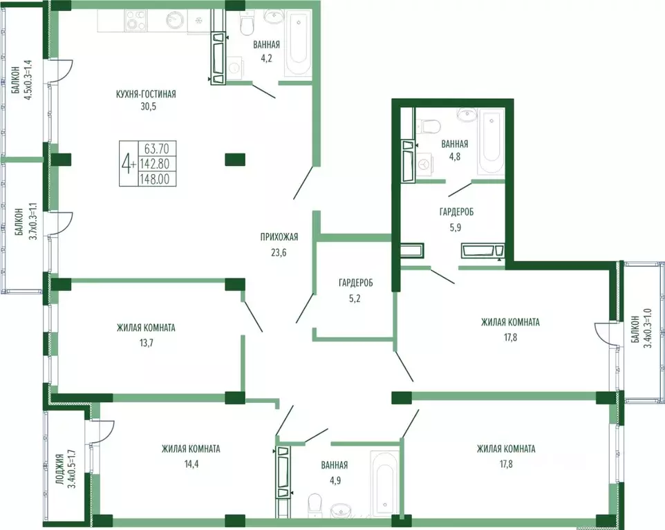4-к кв. Краснодарский край, Краснодар Круговая ул., 4/1к3 (152.56 м) - Фото 0