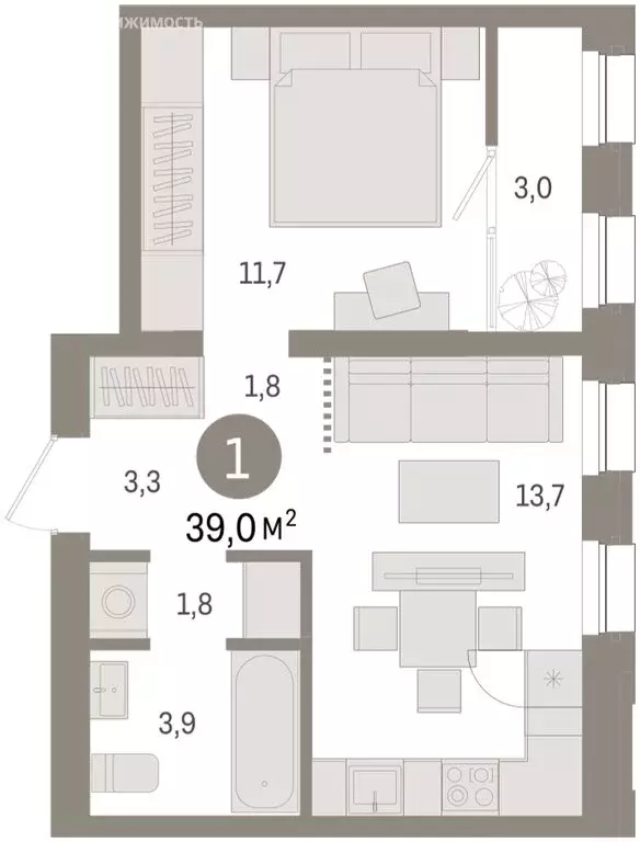 1-комнатная квартира: Тюмень, улица Павла Фитина, 3 (38.35 м) - Фото 2