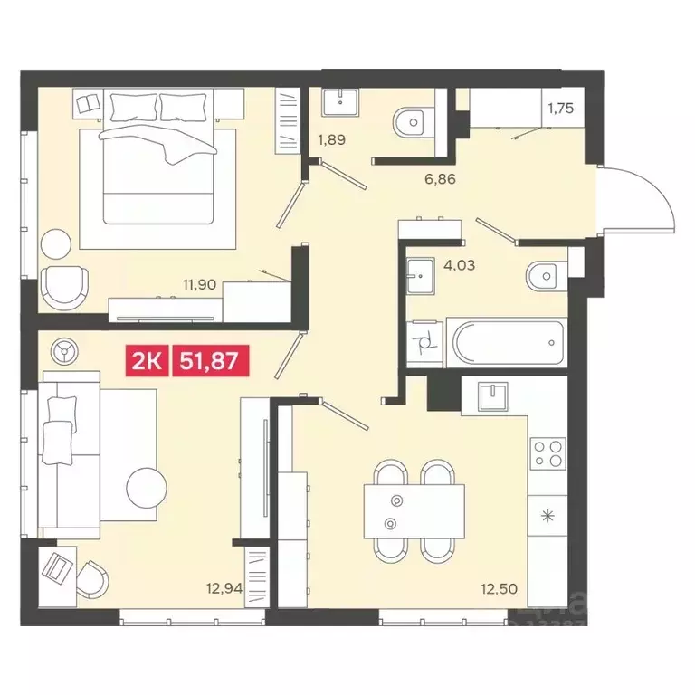 2-к кв. Новосибирская область, Новосибирск Аэропорт мкр,  (51.87 м) - Фото 1