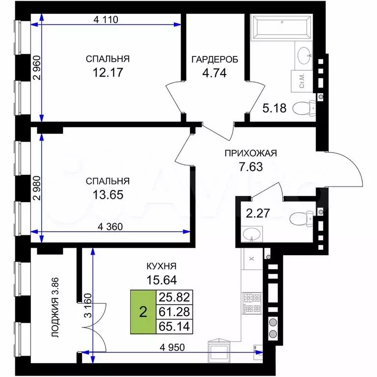 2-к. квартира, 65,1 м, 3/7 эт. - Фото 1