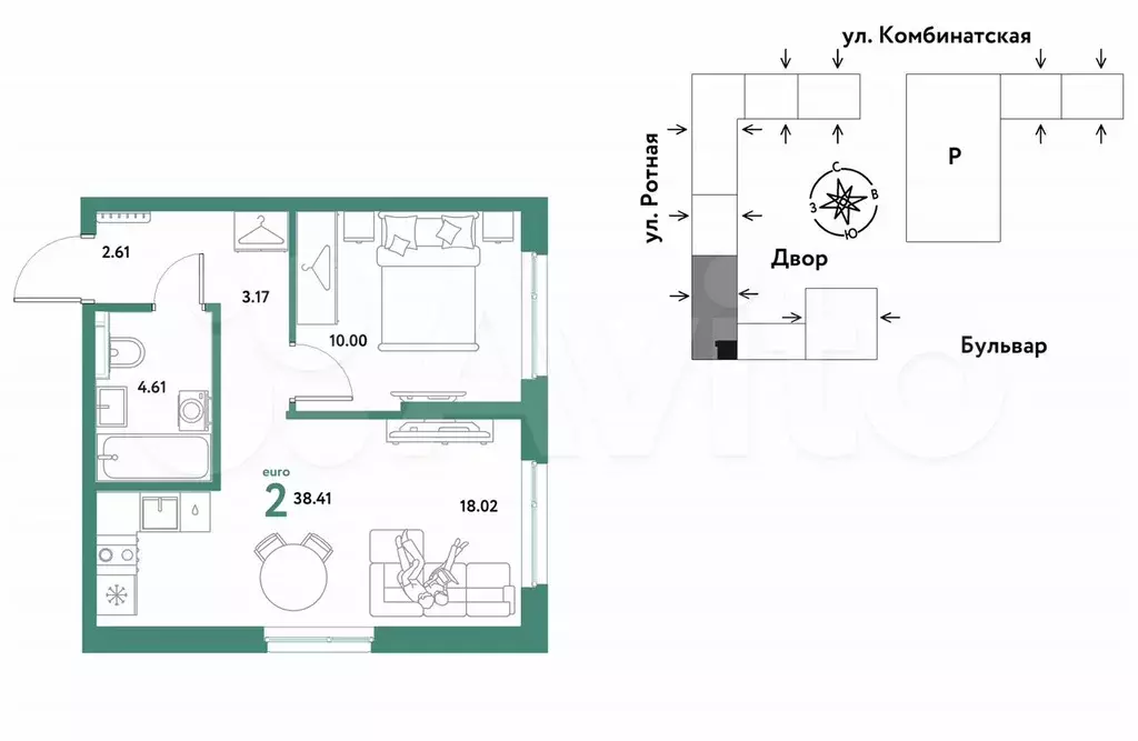 2-к. квартира, 38,4 м, 4/21 эт. - Фото 0