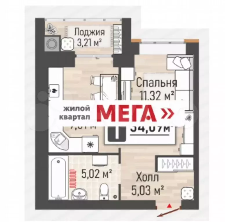 1-к. квартира, 34,1 м, 2/10 эт. - Фото 0