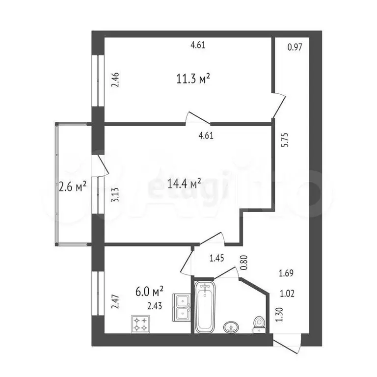 2-к. квартира, 44,8 м, 2/5 эт. - Фото 1