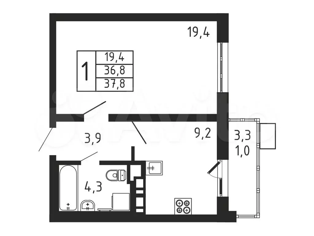 1-к. квартира, 37,8 м, 5/9 эт. - Фото 0