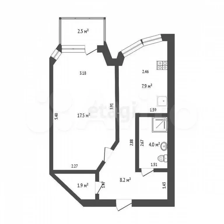 1-к. квартира, 39,8 м, 6/9 эт. - Фото 0