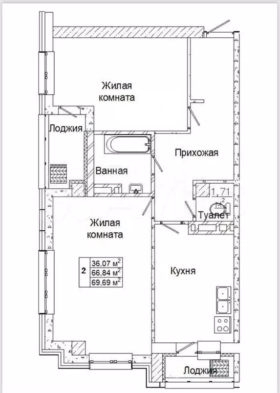 2-к. квартира, 69,9 м, 10/17 эт. - Фото 1