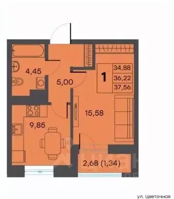 1-к кв. Тверская область, Тверь ул. 2-я Красина, 64 (36.22 м) - Фото 1