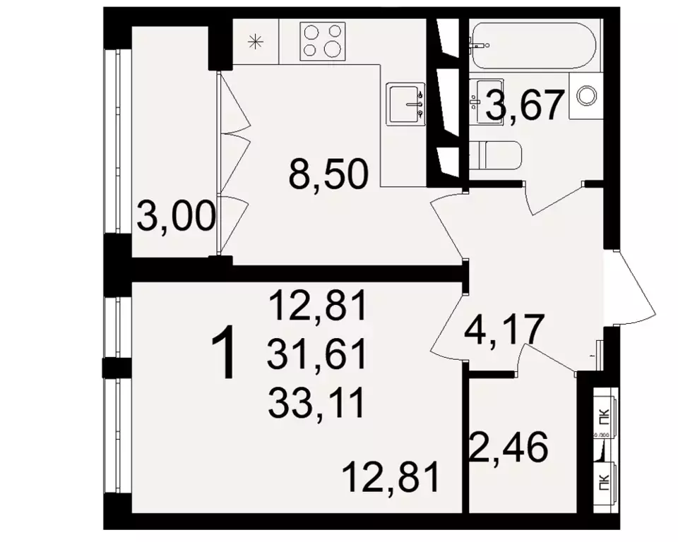 1-к квартира, 33.11 м - Фото 0