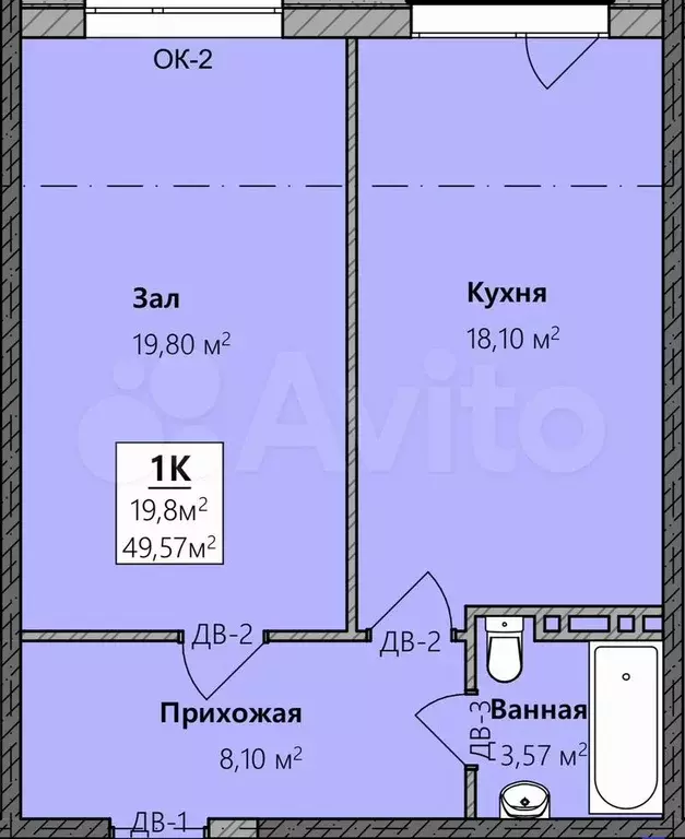 1-к. квартира, 49,6 м, 4/8 эт. - Фото 1