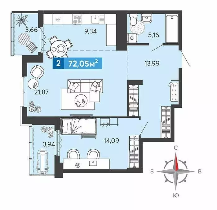 Квартира, 2 комнаты, 72.05 м - Фото 0