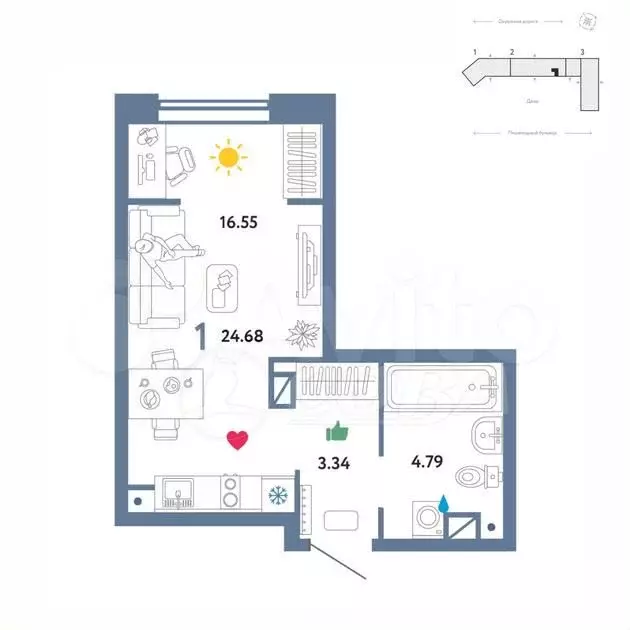 квартира-студия, 25 м, 11/16 эт. - Фото 0