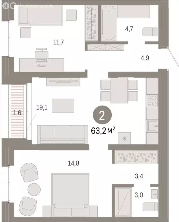 2-комнатная квартира: Екатеринбург, улица Советских Женщин (62.9 м) - Фото 1