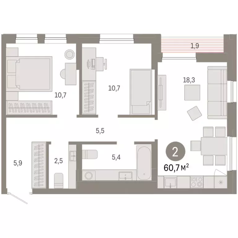 2-комнатная квартира: Тюмень, улица Республики, 205к1 (60.68 м) - Фото 2